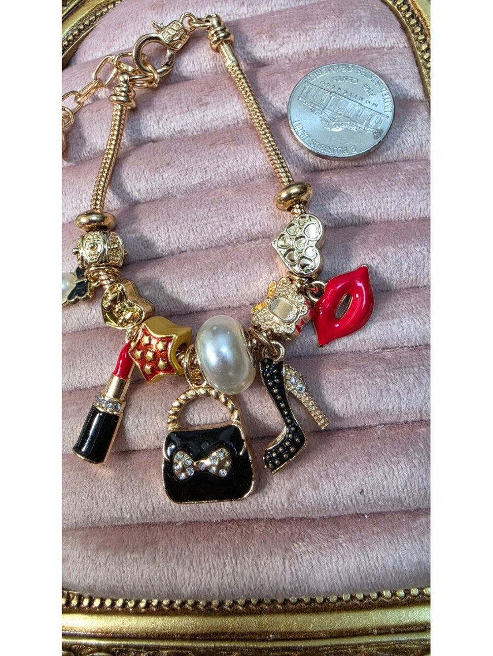 Gold Tone Charm Bracelet with Lipstick, Pearl, High Heel, Handbag & Lip Charms